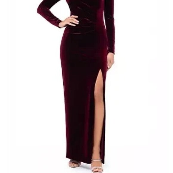 Xscape Burgundy Long-Sleeve Front-Slit Velvet Gown - Picture 4 of 6
